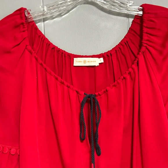 TORY BURCH Sylvie Boho Peasant Blouse Red Silk Scoop Neck Fringe Tassel Size 0 - Picture 3 of 9